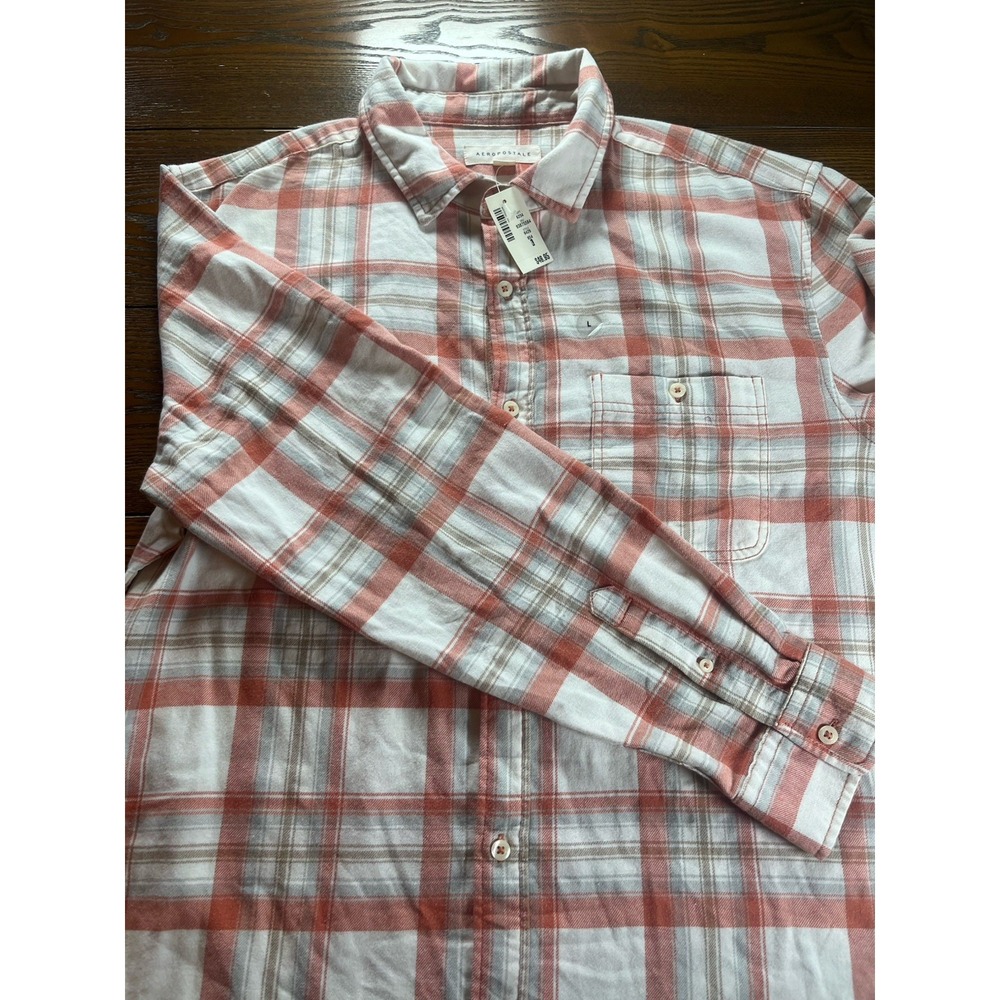 NEW Aeropostale Plaid Flannel Long Sleeve Shirt Coral White Button Down Size L